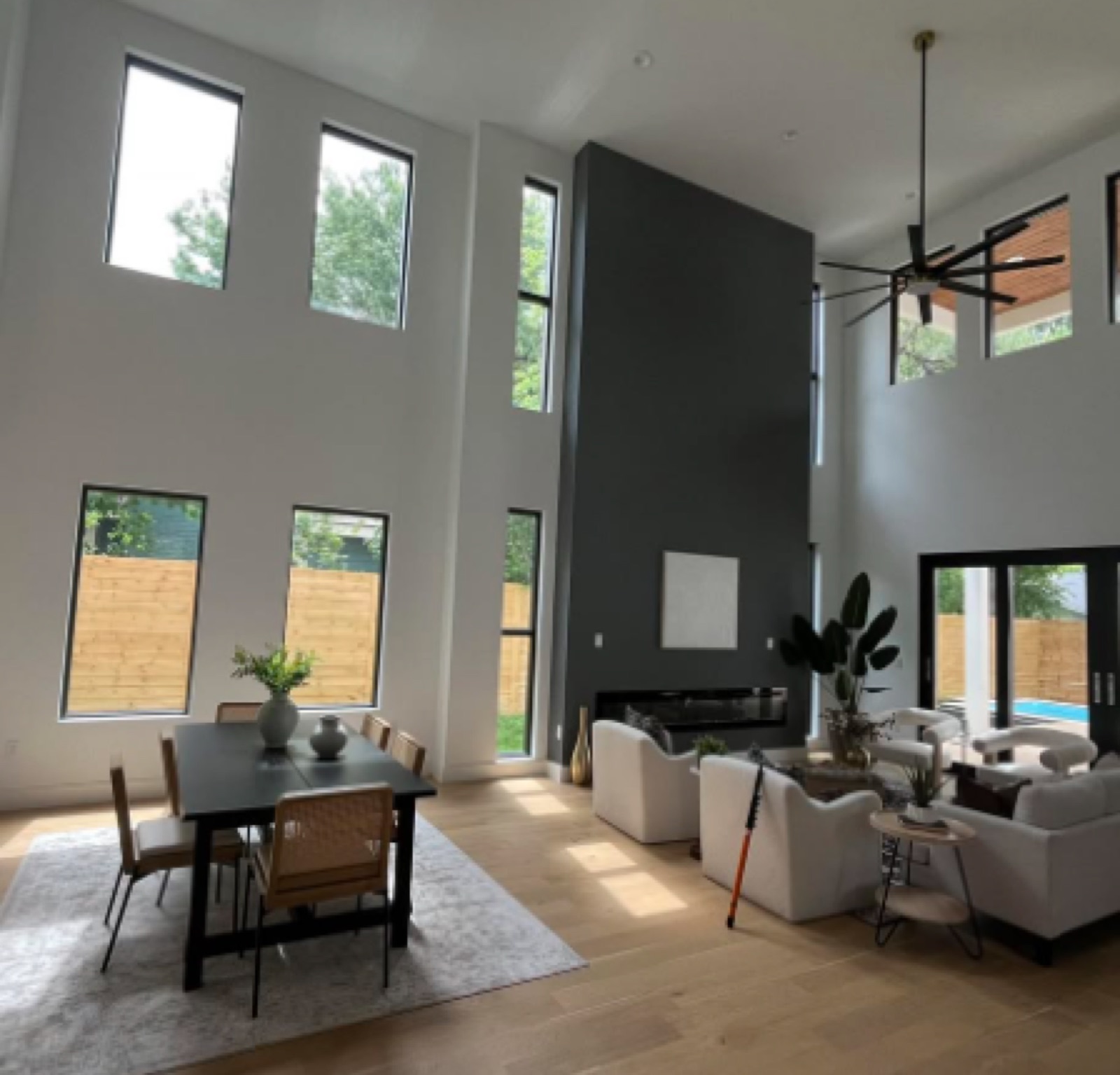 Contemporary home interior with floor-to-ceiling windows
