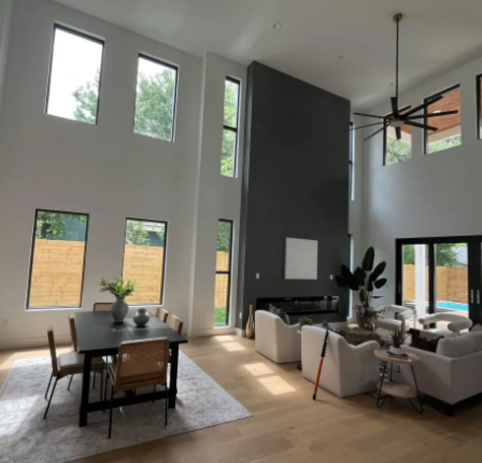 Contemporary home interior with floor-to-ceiling windows