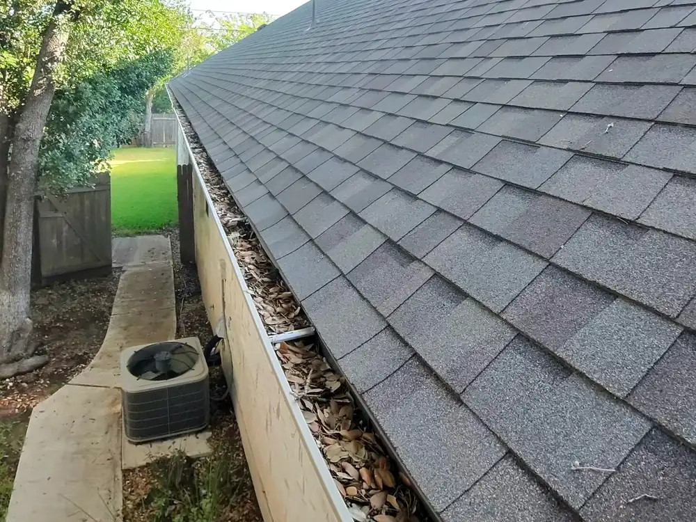 Gutter run packed the full length with dried leaf litter and grit