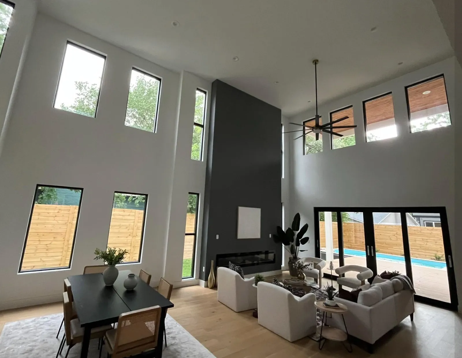 Floor-to-ceiling windows cleaned by Mason in a luxury Austin home